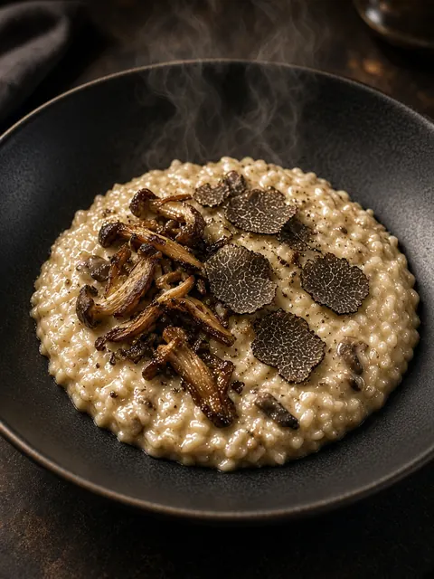 Ejemplo de publicación: risotto de setas y trufa negra servido en un plato oscuro