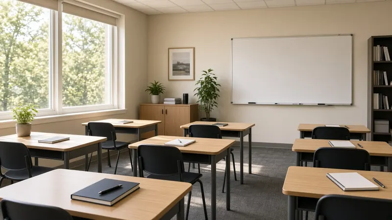 Aula con mesas, sillas y pizarra blanca junto a ventanas