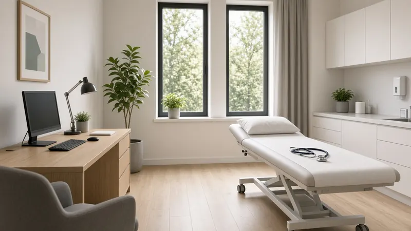 Consulta médica luminosa con camilla, escritorio y plantas