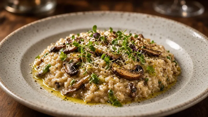Plato de risotto de setas con hierbas frescas sobre una mesa de madera